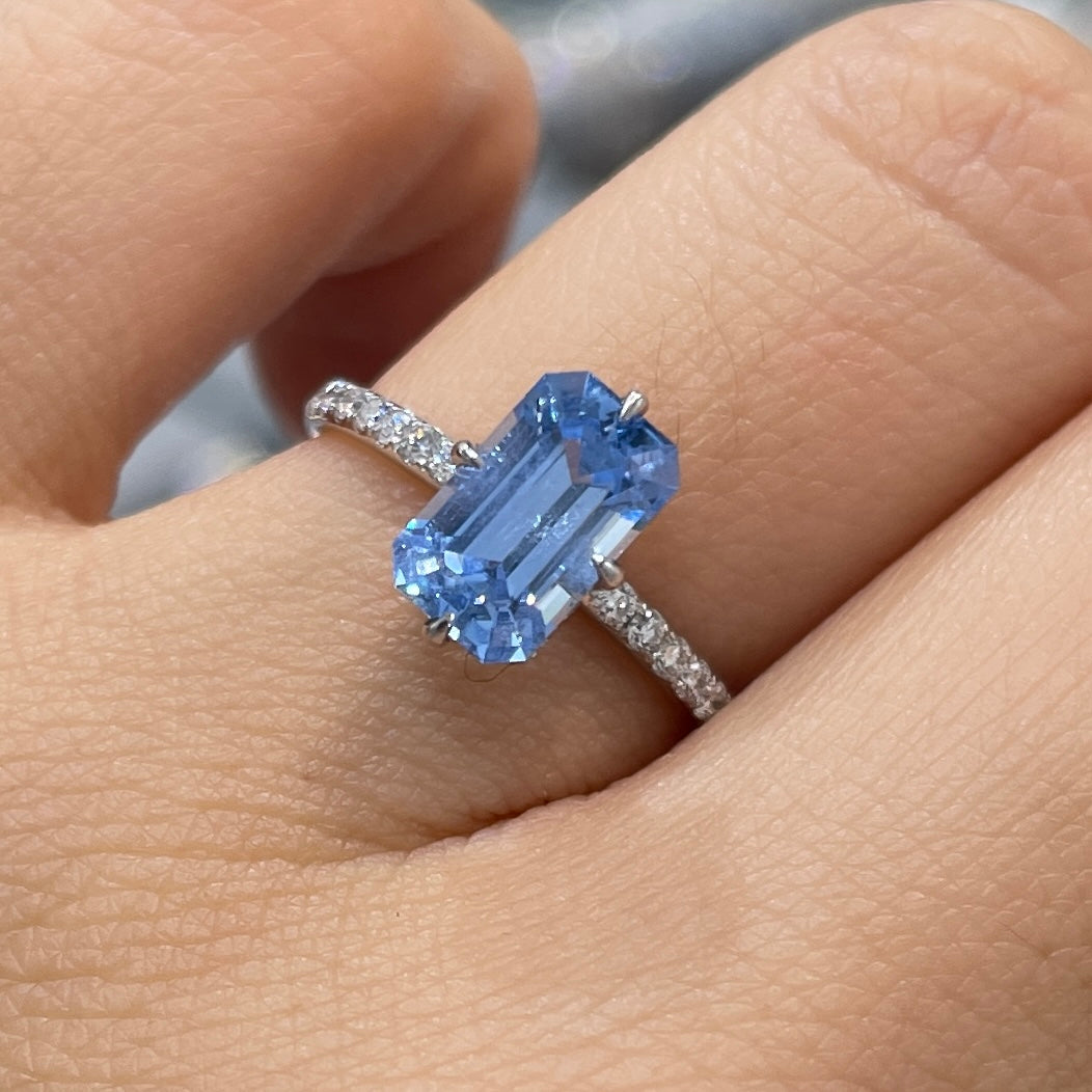 Lab sapphire Santa maria aquamarine emerald cut 2ct four-prong compass under halo pave ring
