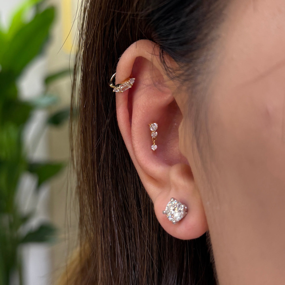 Lab Diamond round trio  swing stud earring-each