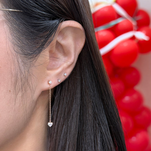 Lab diamond round and heart shape long chain swing stud earring-each