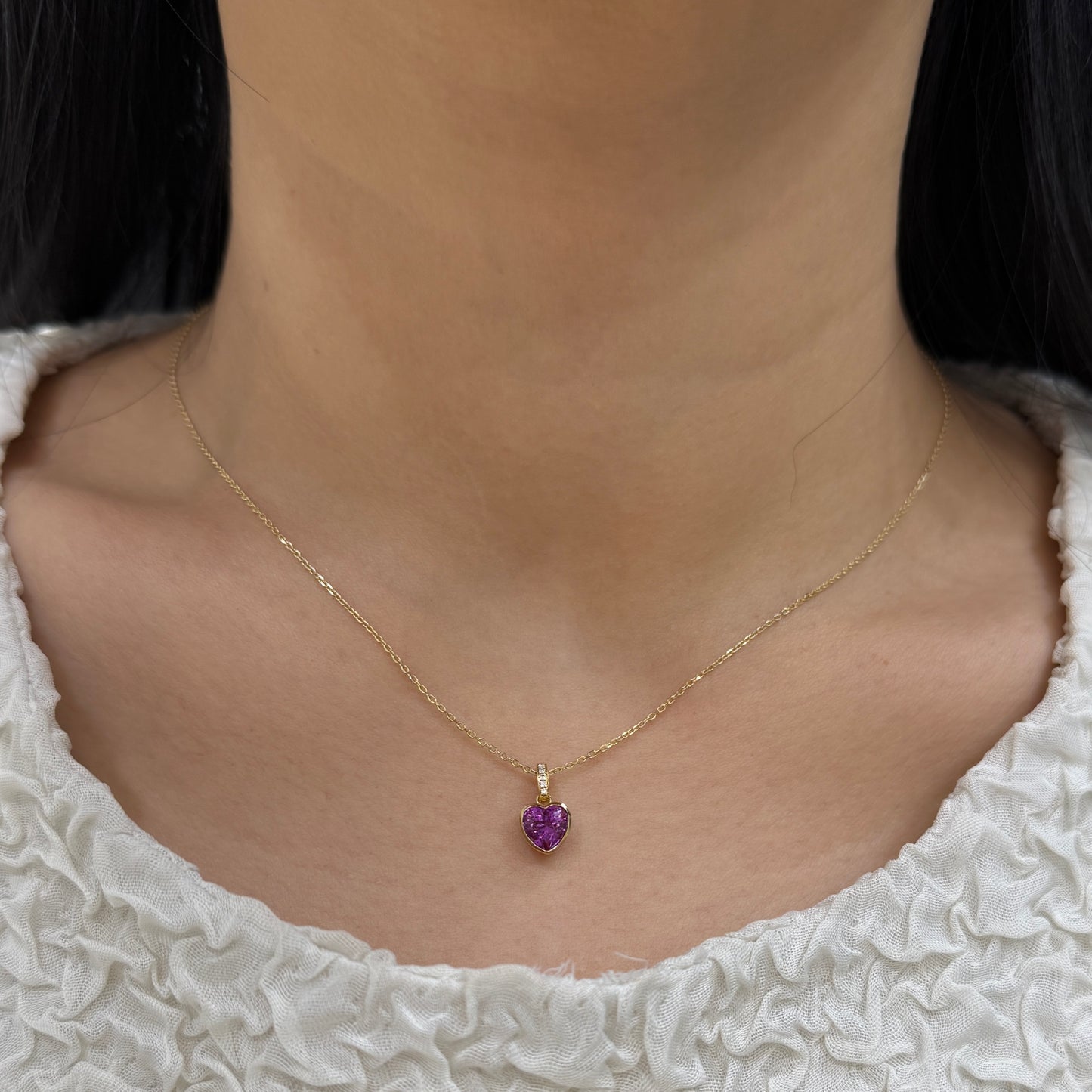 Lab purple sapphire 
heart shape 1ct 
bezel pave open clip pendant
