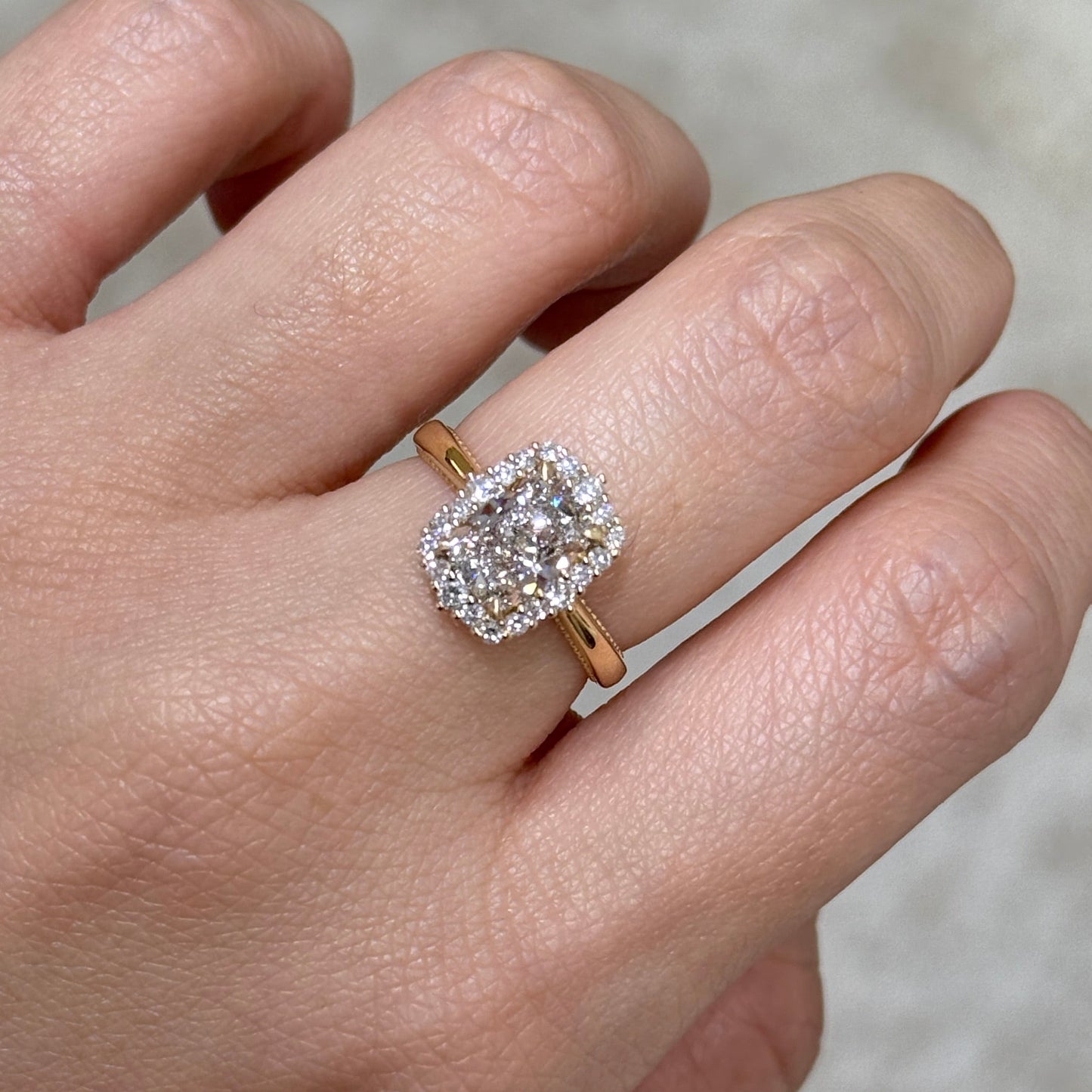 IGI lab diamond Long cushion cut 1.8ct halo milgrain band ring