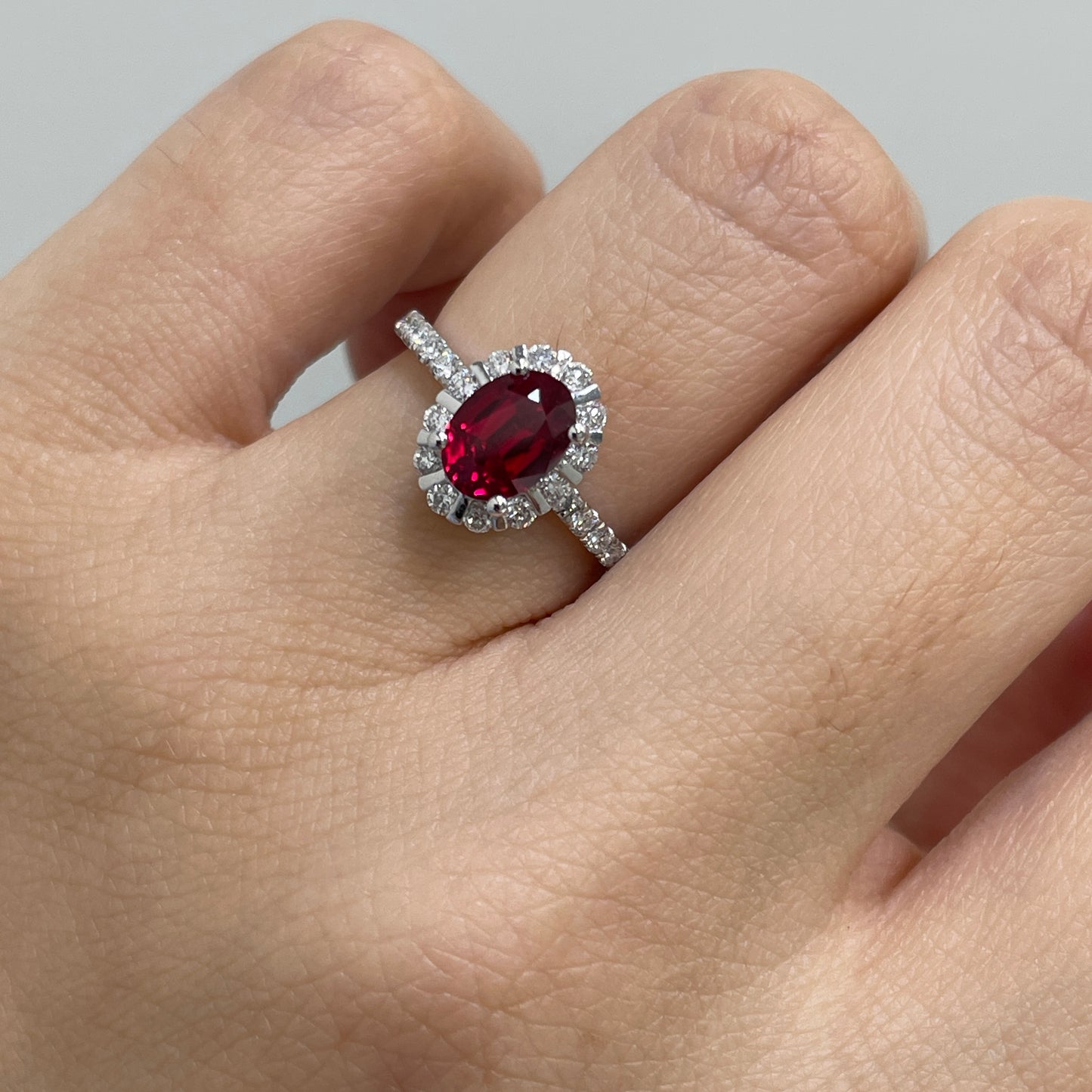 Lab Ruby Oval shape 1.5ct two way halo pave ring