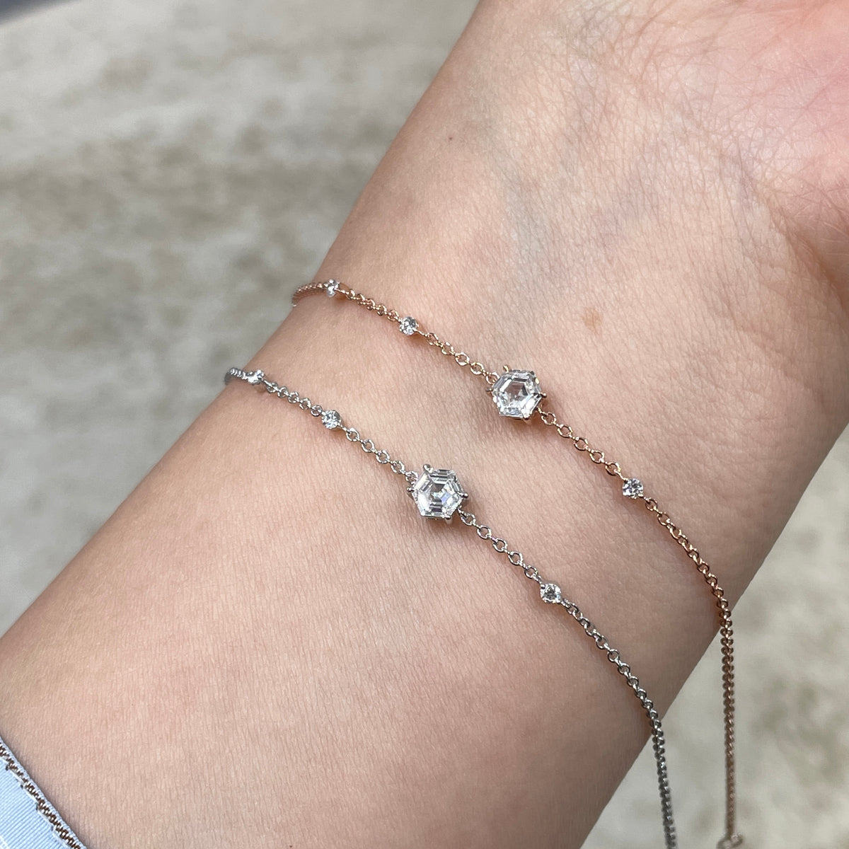 Lab diamond Hexagon and round 0.42ct four-prong little diamonds thick chain bracelet