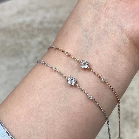 Lab diamond Hexagon and round 0.42ct four-prong little diamonds thick chain bracelet