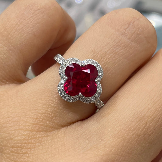 Lab Ruby flower cut 3ct two way halo pave ring