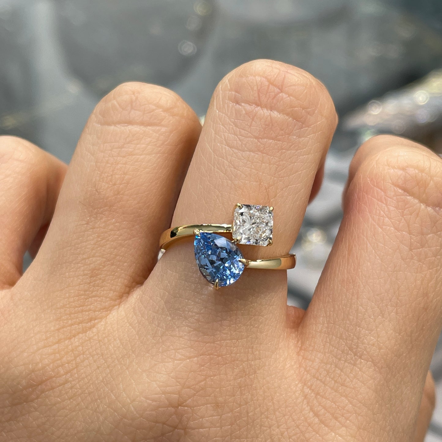 Lab sapphire Santa maria aquamarine pear shape 1.5ct with diamond radiant cut 1ct toi et moi open ring