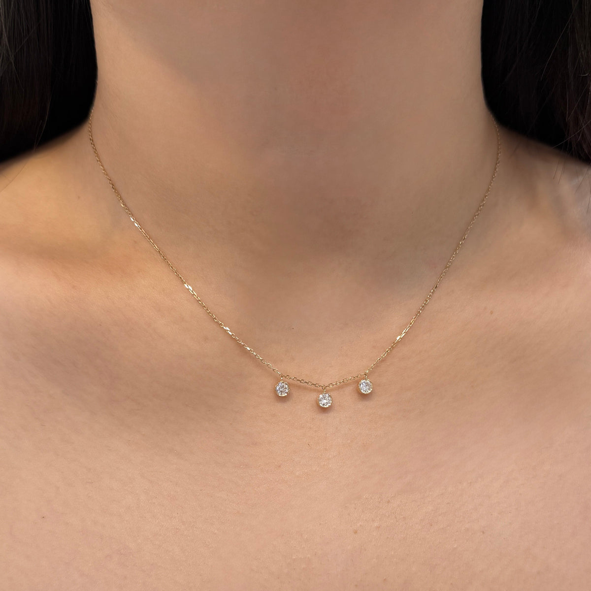 Lab diamond round 0.36ct three stone bezel dangling necklace