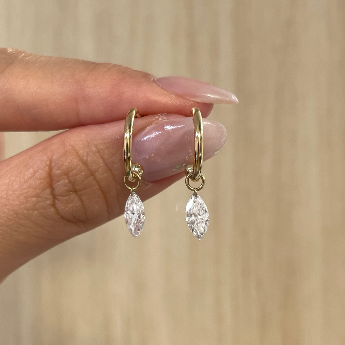 Lab diamond marquise shape 1ct floating 10mm hlaf hoop stud earrings-pair