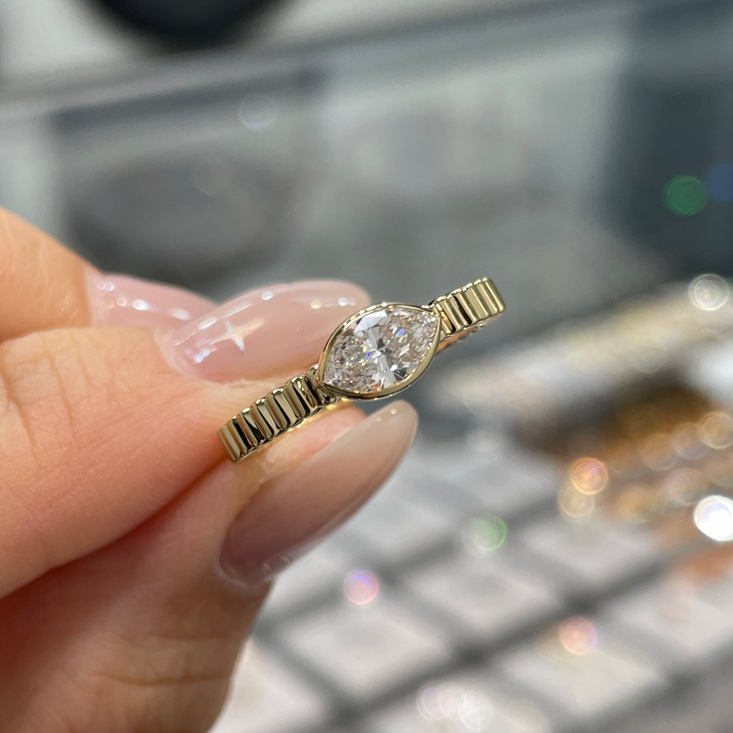 Lab diamond marquise 0.5ct horizontal bezel set with vertical line band ring