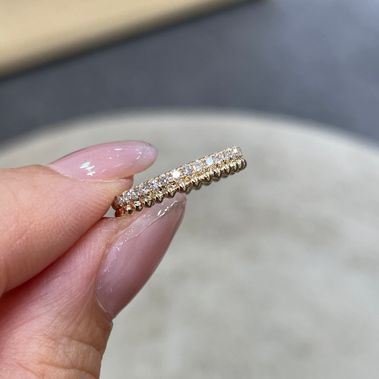 9k Lab diamond round 0.3ct milgrain dewdrop full eternity pinky ring