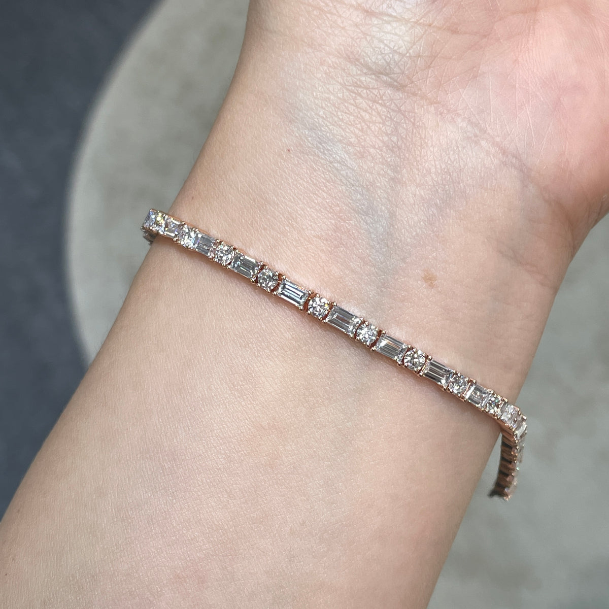 14k Lab Diamond baguette cut and round mix 5.7ct four-prong tennis bracelet
