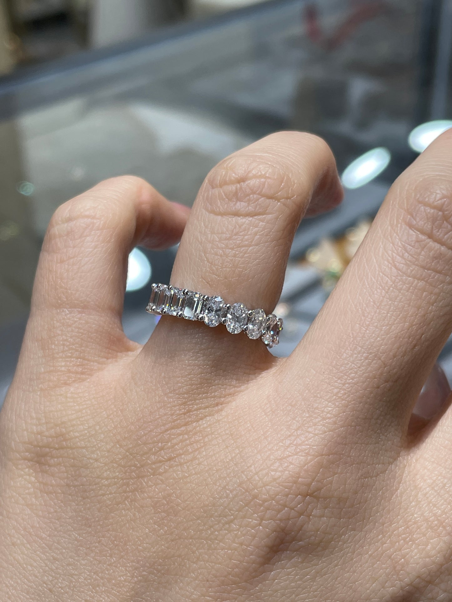 Lab diamond oval & emerald cut half half 4ct full eternity ring