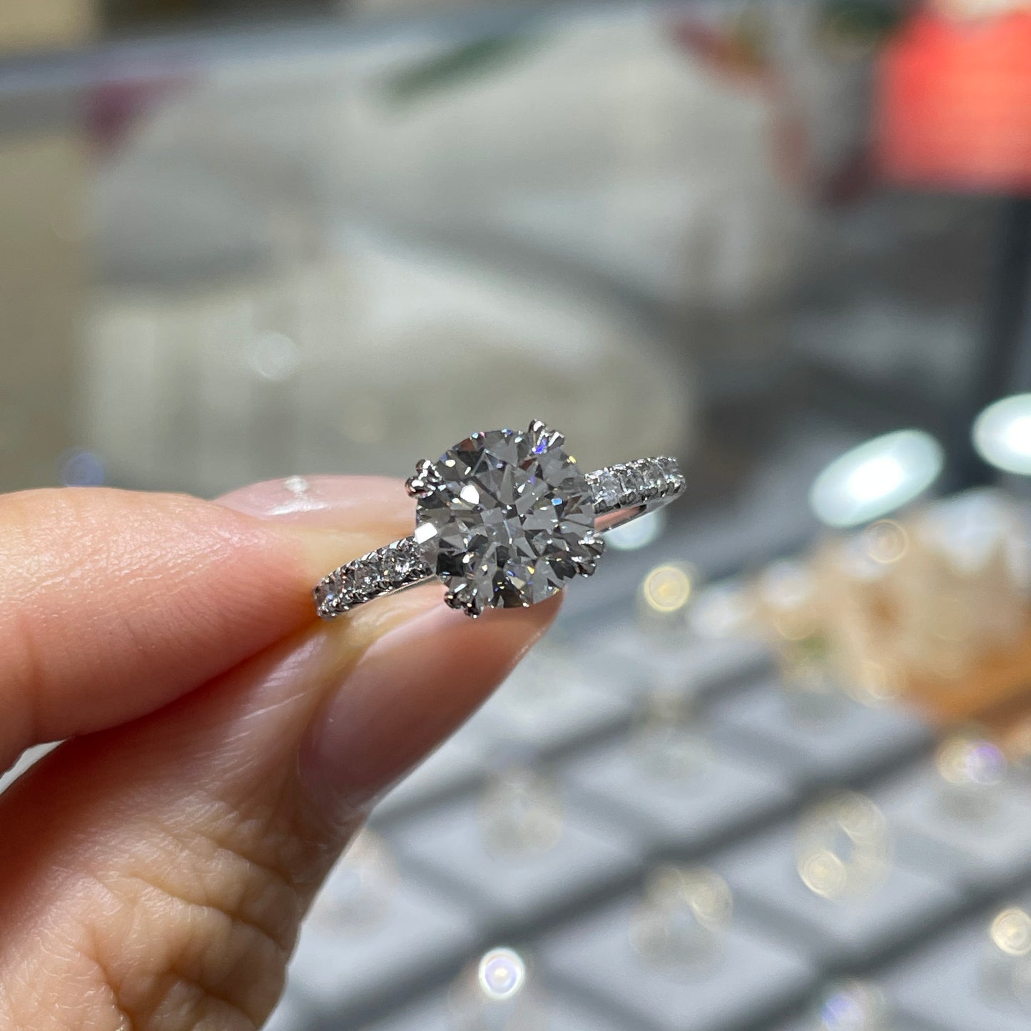 IGI Lab diamond Round 2ct four double prong pave ring