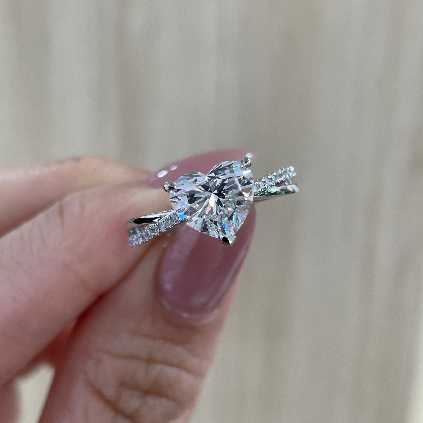 IGI Lab diamond heart shape 2ct three-prong underhalo criss cross pave band ring
