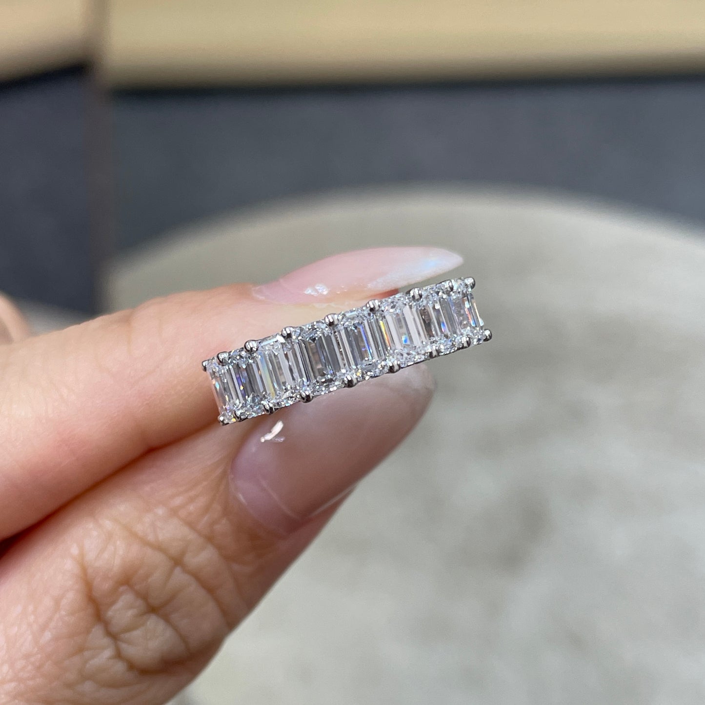 9k Lab diamond emerald cut 2.4ct U-prong pave eternity ring
