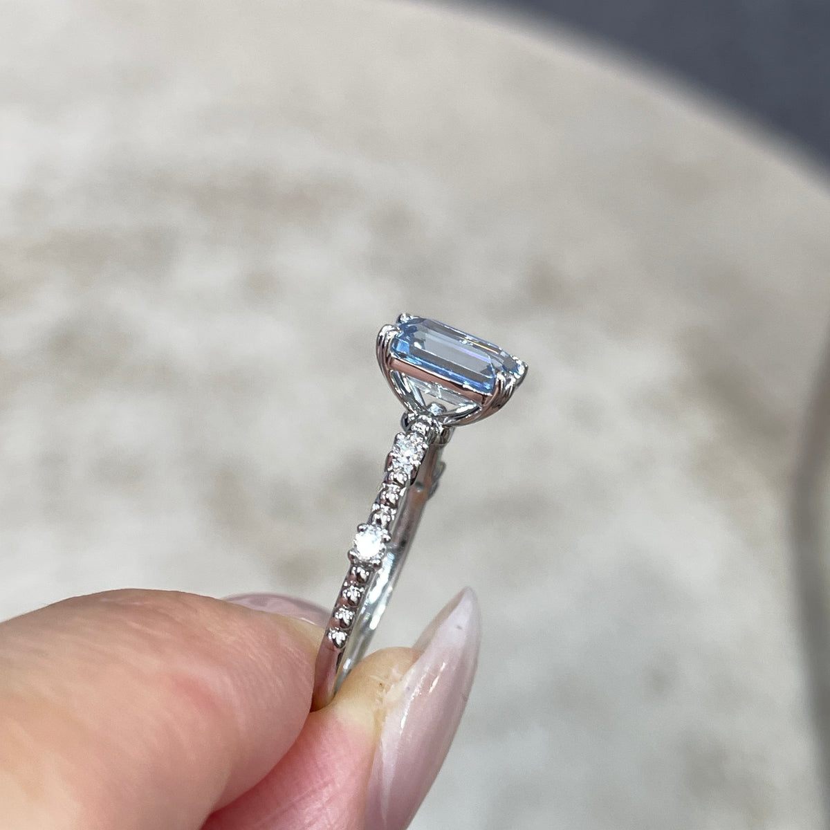 Lab Sapphire Aquamarine blue emerald cut 1.5ct  four-double prong milgrain side stone band ring