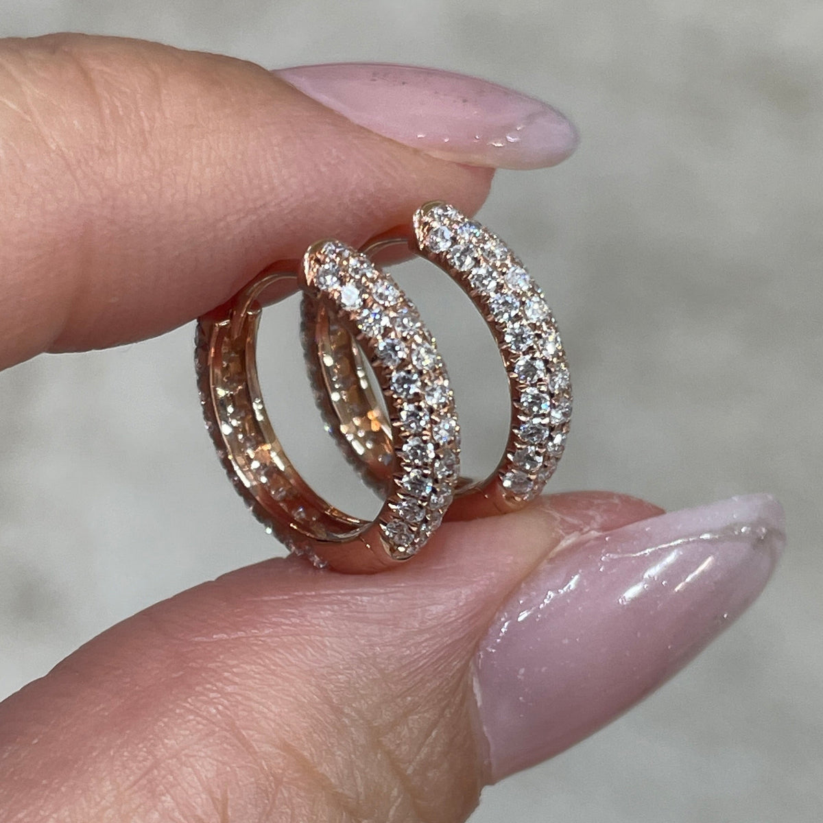 9k Lab diamond round 0.94ct double side three row 11mm hoop earrings-pair