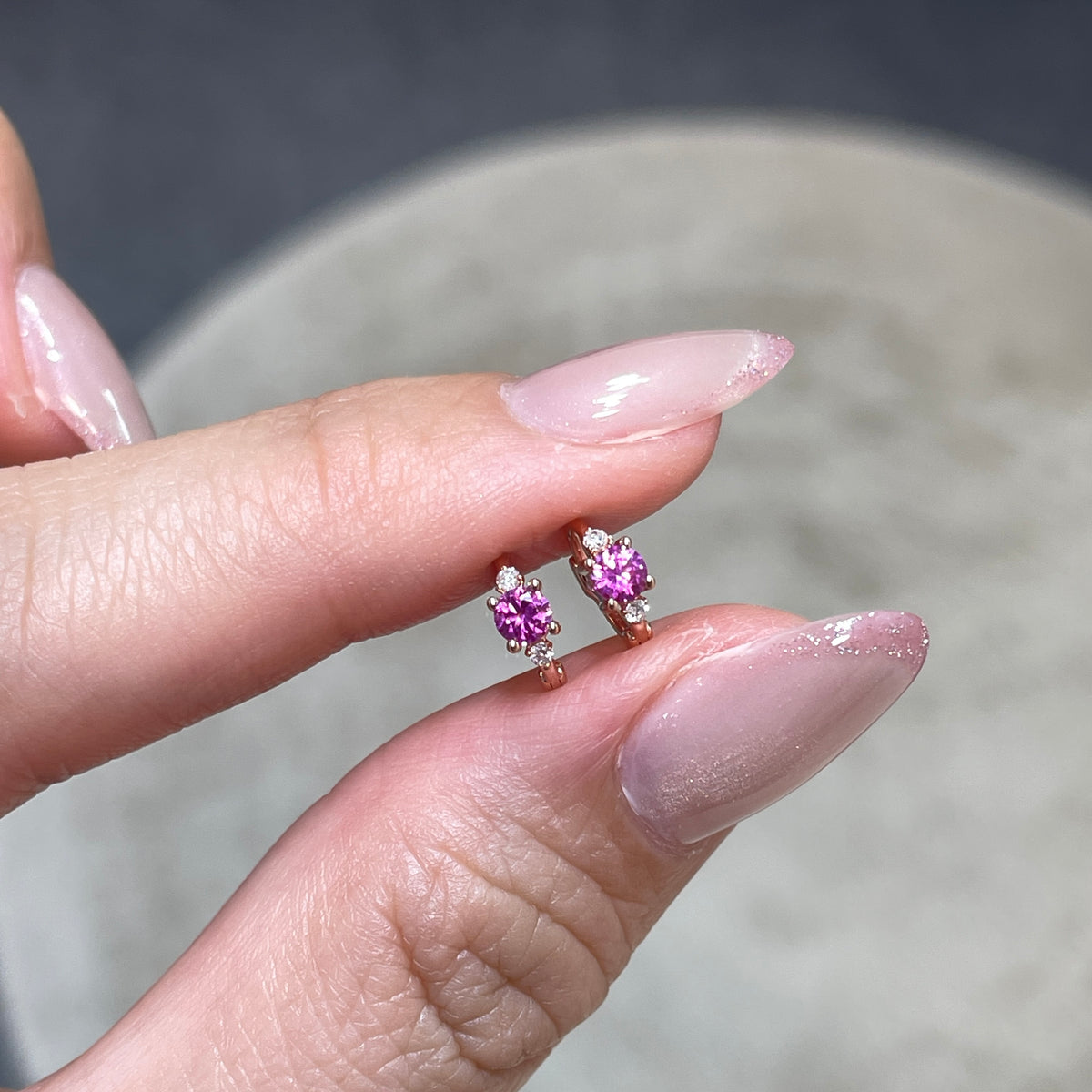 Lab pink sapphire round 0.14ct with lab diamond 6mm hoop earring-each