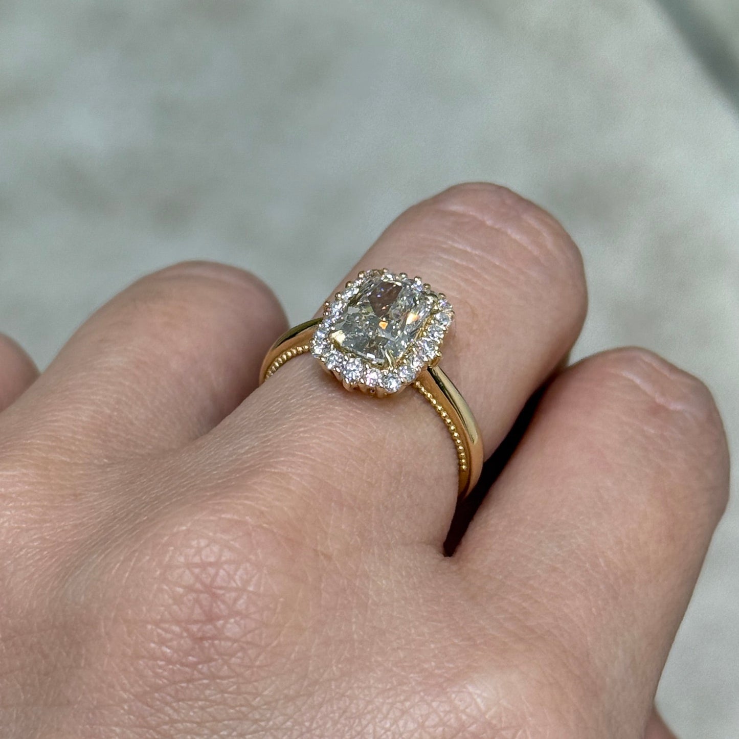 IGI lab diamond Long cushion cut 1.8ct halo milgrain band ring