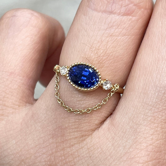 Lab sapphire royal Blue oval shape 1.1ct with diamond milgrain bezel chain ring