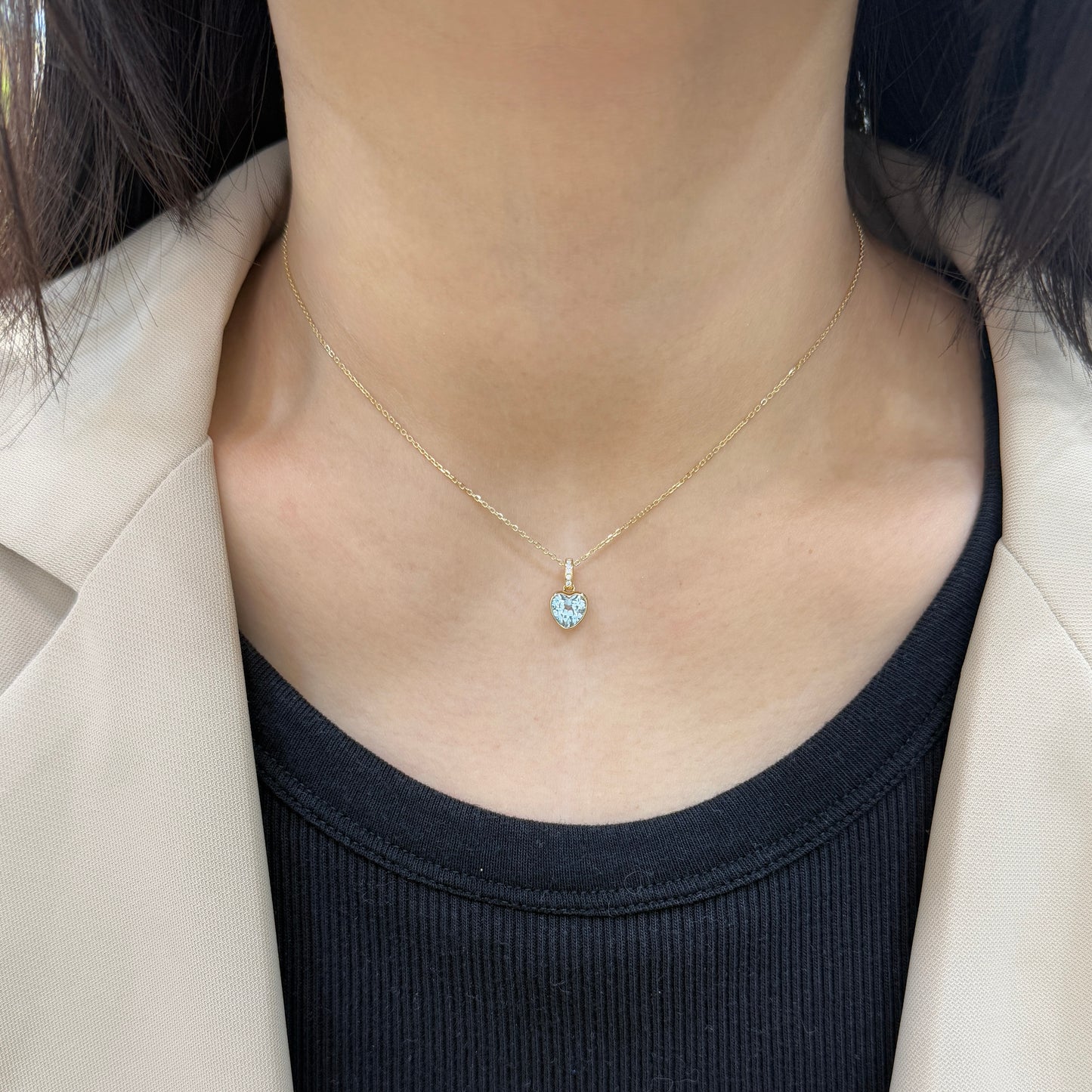 Lab Sapphire aquamarine heart shape 1ct bezel pave open clip pendant