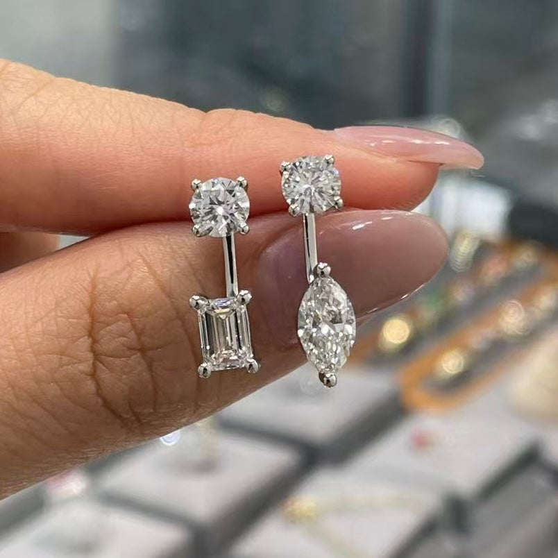 Lab diamond round & marquise & emerald L jacket 2.4ct earrings-pair