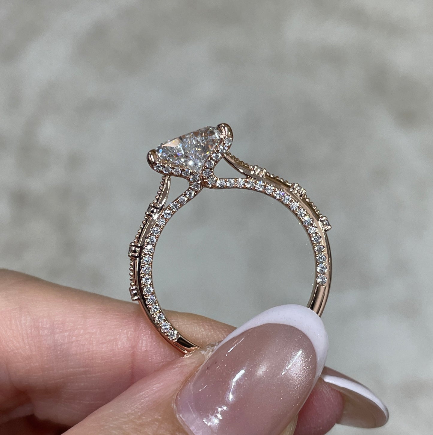 IGI Lab diamond heart shape 2ct milgrain under paved ring
