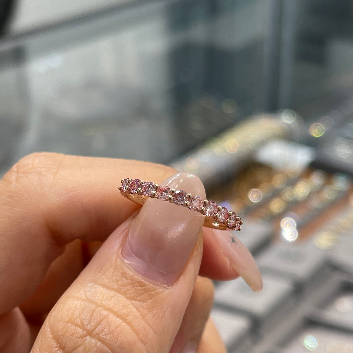 Lab pink diamond round 0.4ct half eternity ring