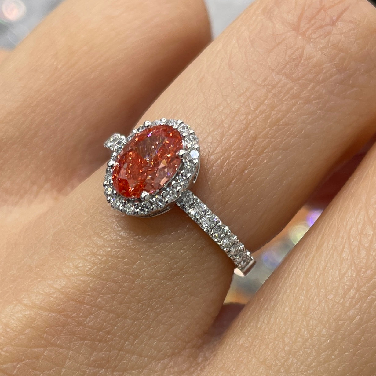IGI pink diamond Oval shape 1ct two way halo pave ring