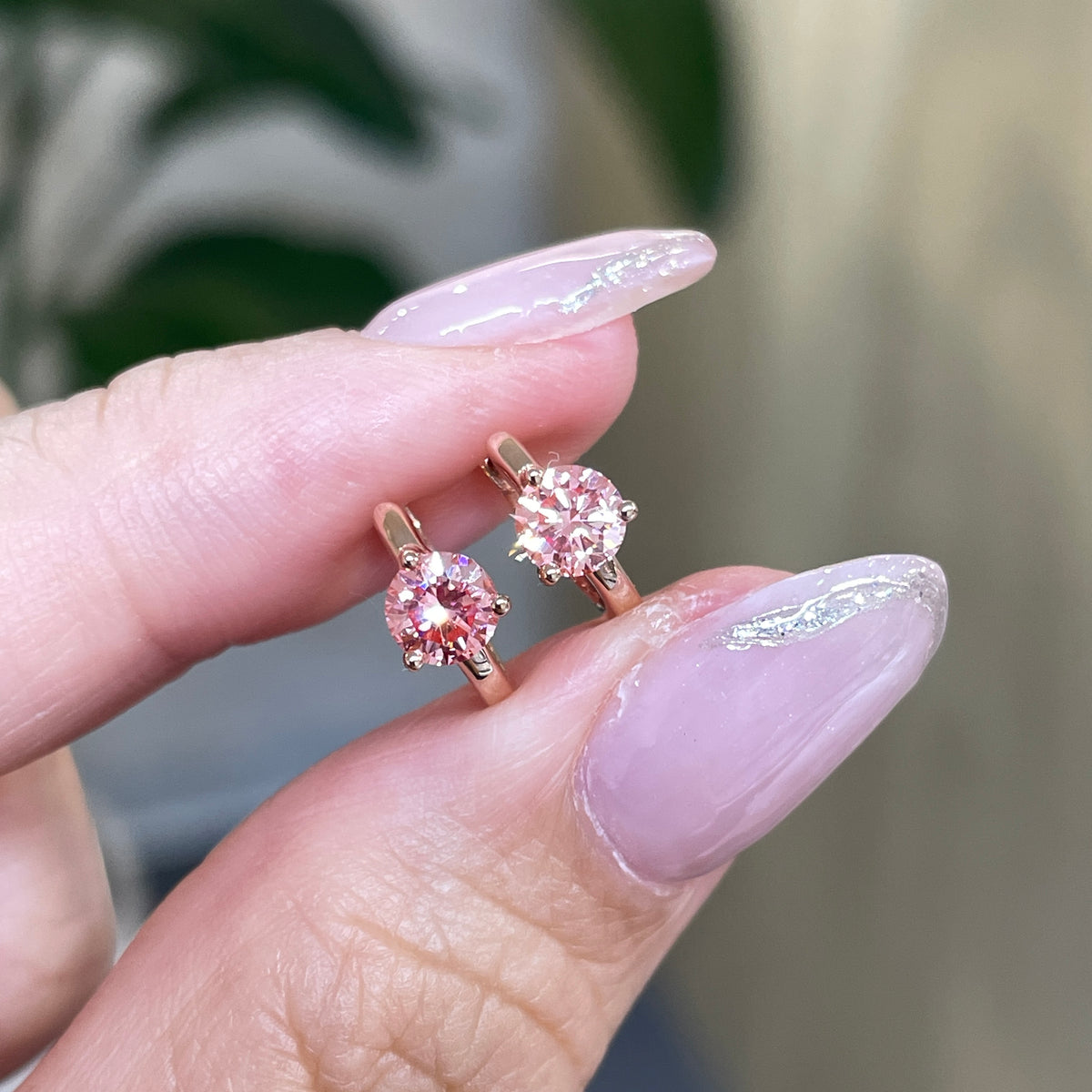 Lab pink diamond round 0.6ct three-prong 8mm hoop earrings - pair