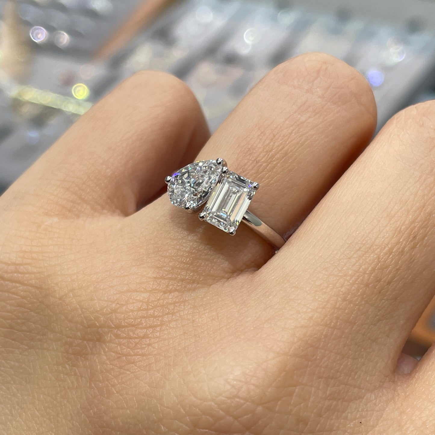 Lab diamond pear shape and emerald cut 2ct toi et moi ring