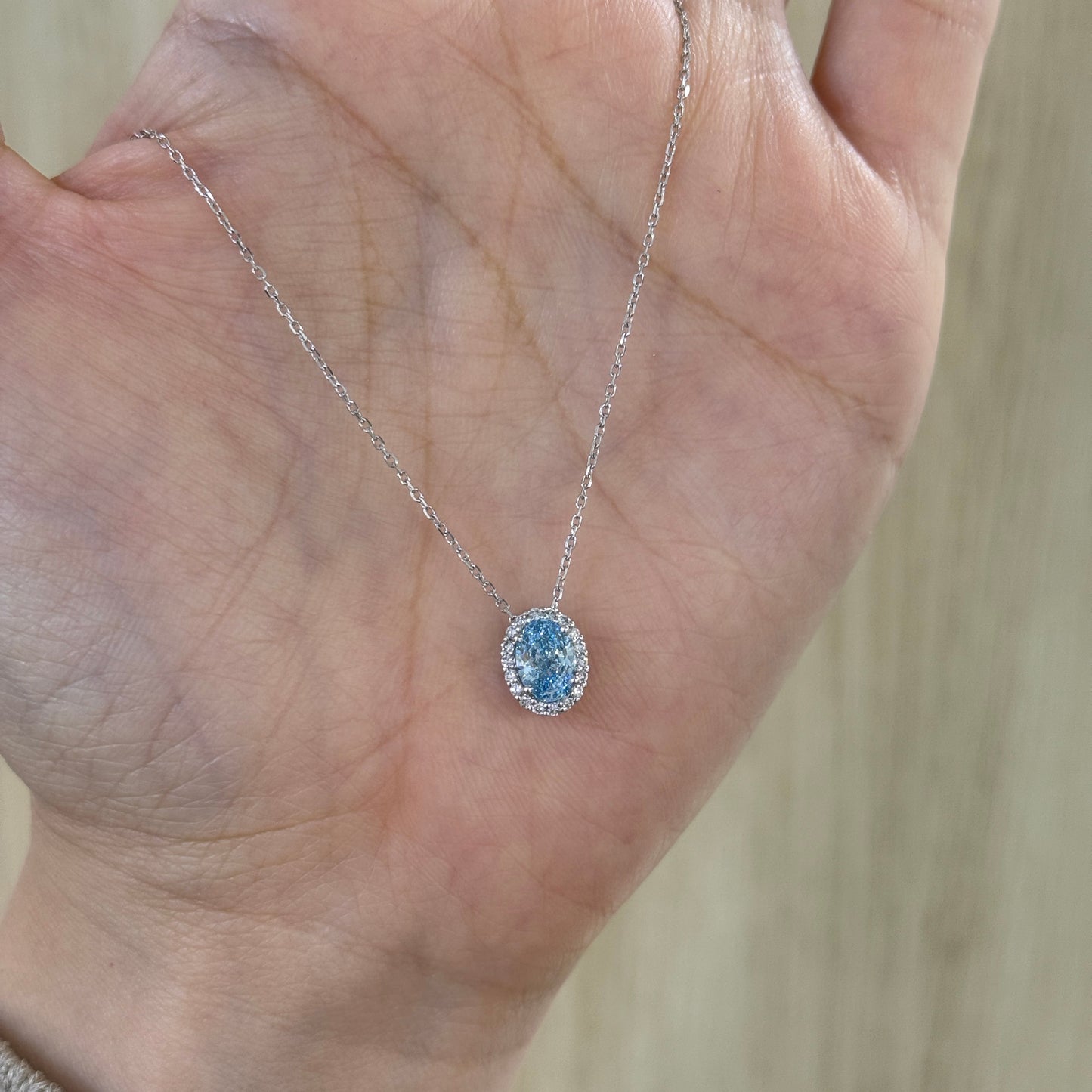 IGI lab blue diamond Oval shape 1ct halo pendant with necklace