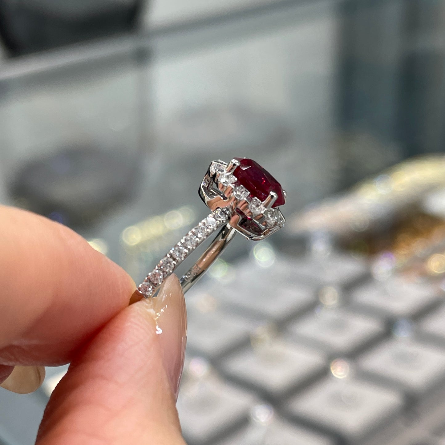 Lab Ruby Oval shape 1.5ct two way halo pave ring