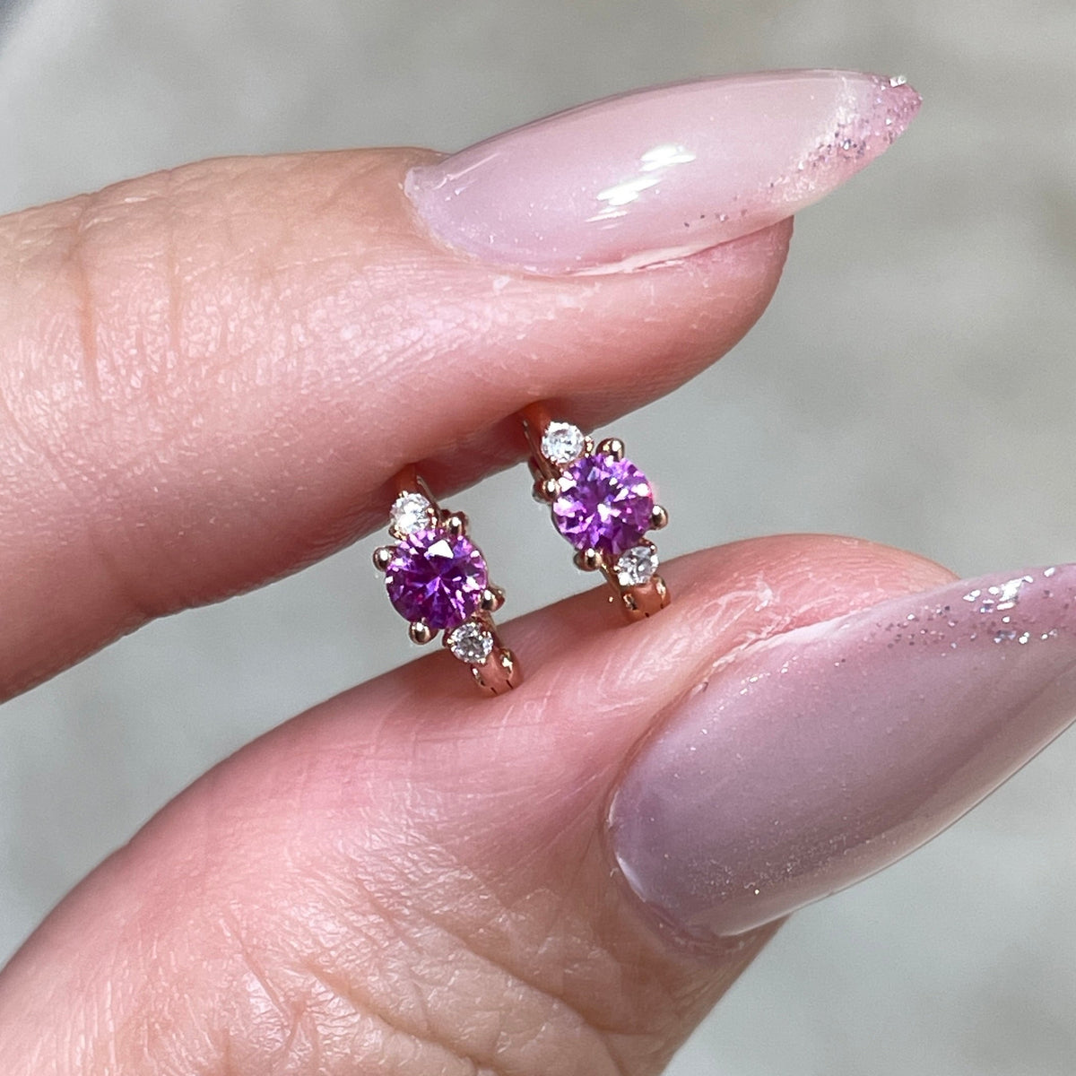 Lab pink sapphire round 0.14ct with lab diamond 6mm hoop earring-each