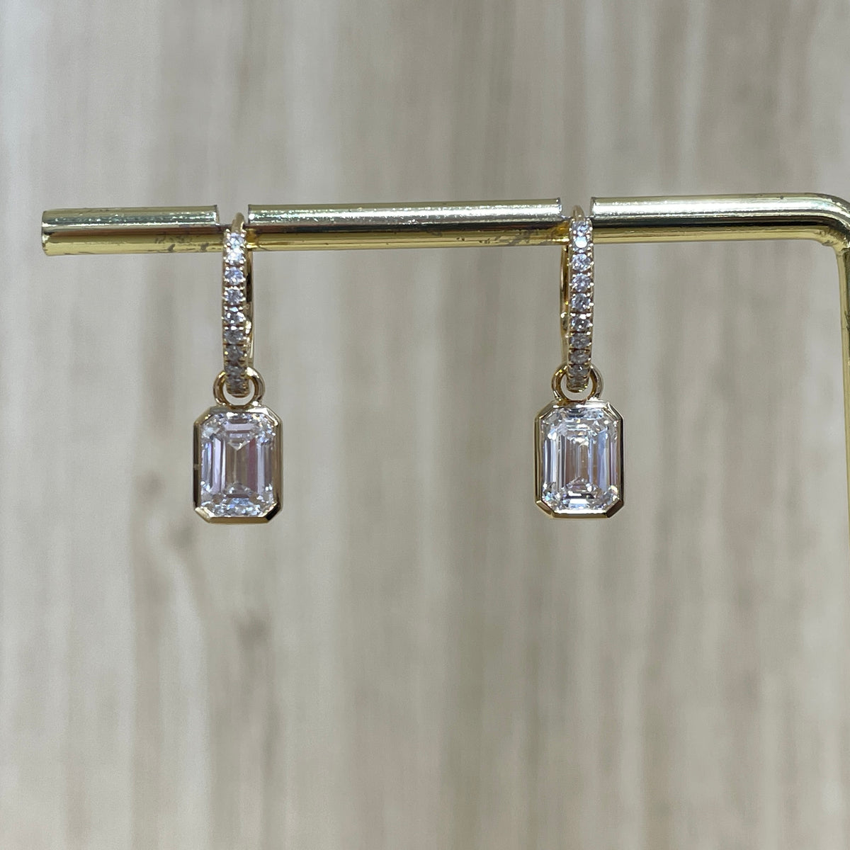 Lab diamond emerald cut 2.14ct four-prong bezel two way hoop earrings - pair