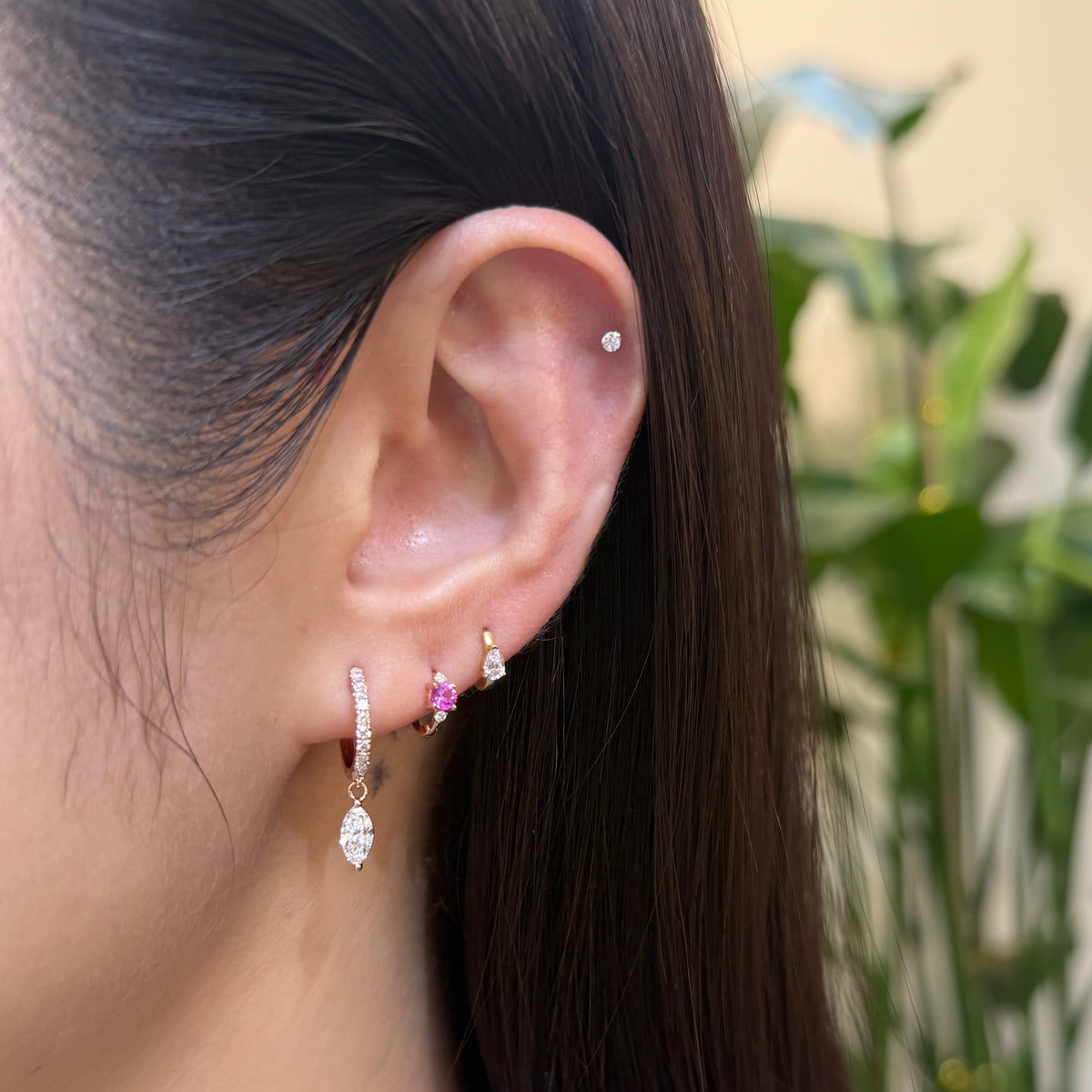 9k Lab diamond Marquise shape 0.85ct 10mm huggie  hoop earrings-pair