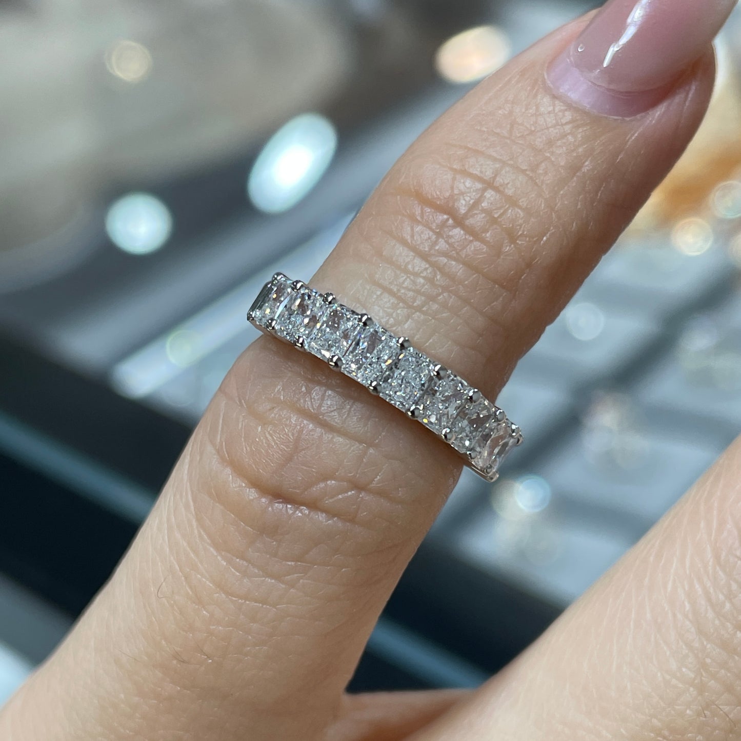Lab diamond Radiant cut 0.9ct half eternity straight vertical line band pinky ring