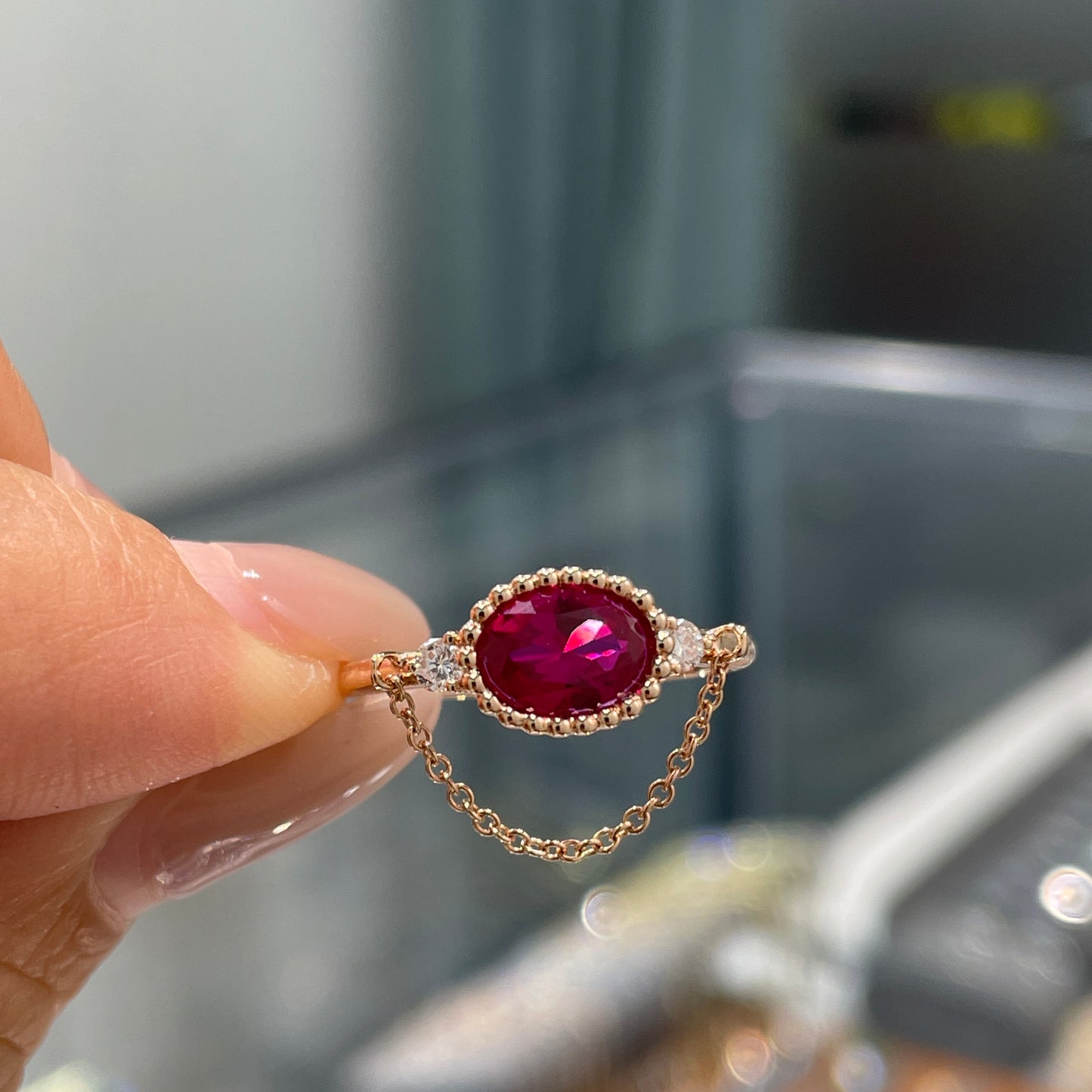 Lab Ruby Oval shape 0.8ct with diamond milgrain bezel chain ring