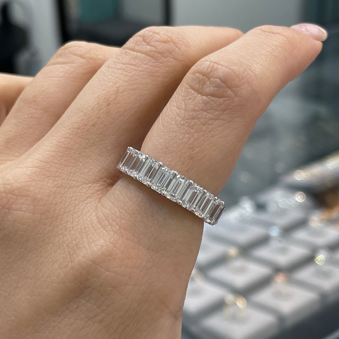 Lab diamond oval & emerald cut half half 6ct full eternity ring