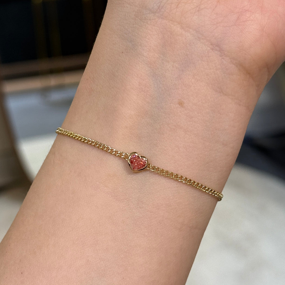 Lab pink diamond heart shape 0.4ct bezel with 1.8mm Cuban bracelet