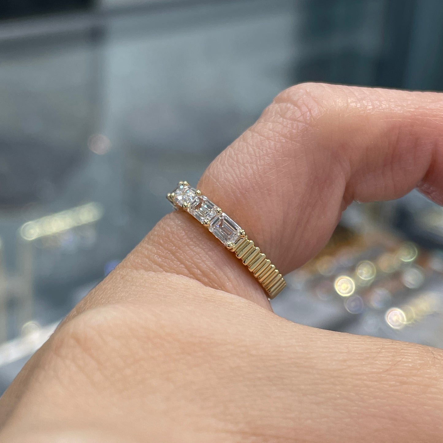 Lab diamond emerald cut 0.9ct horizontal half eternity straight vertical line band pinky ring