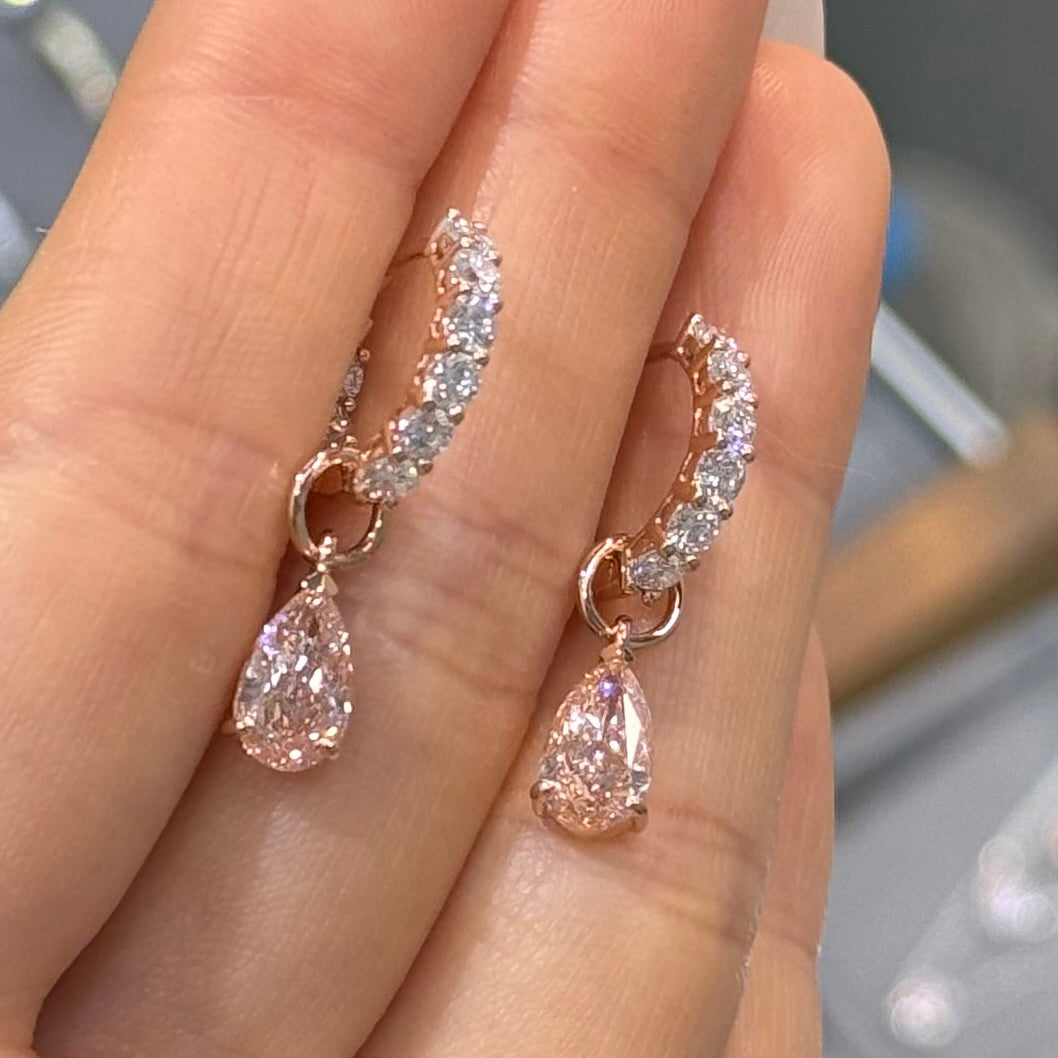 IGI Lab pink diamond Pear shape 2ct with Round 1.3ct double sided diamond huggie 10mm hoop two-way earrings -pair