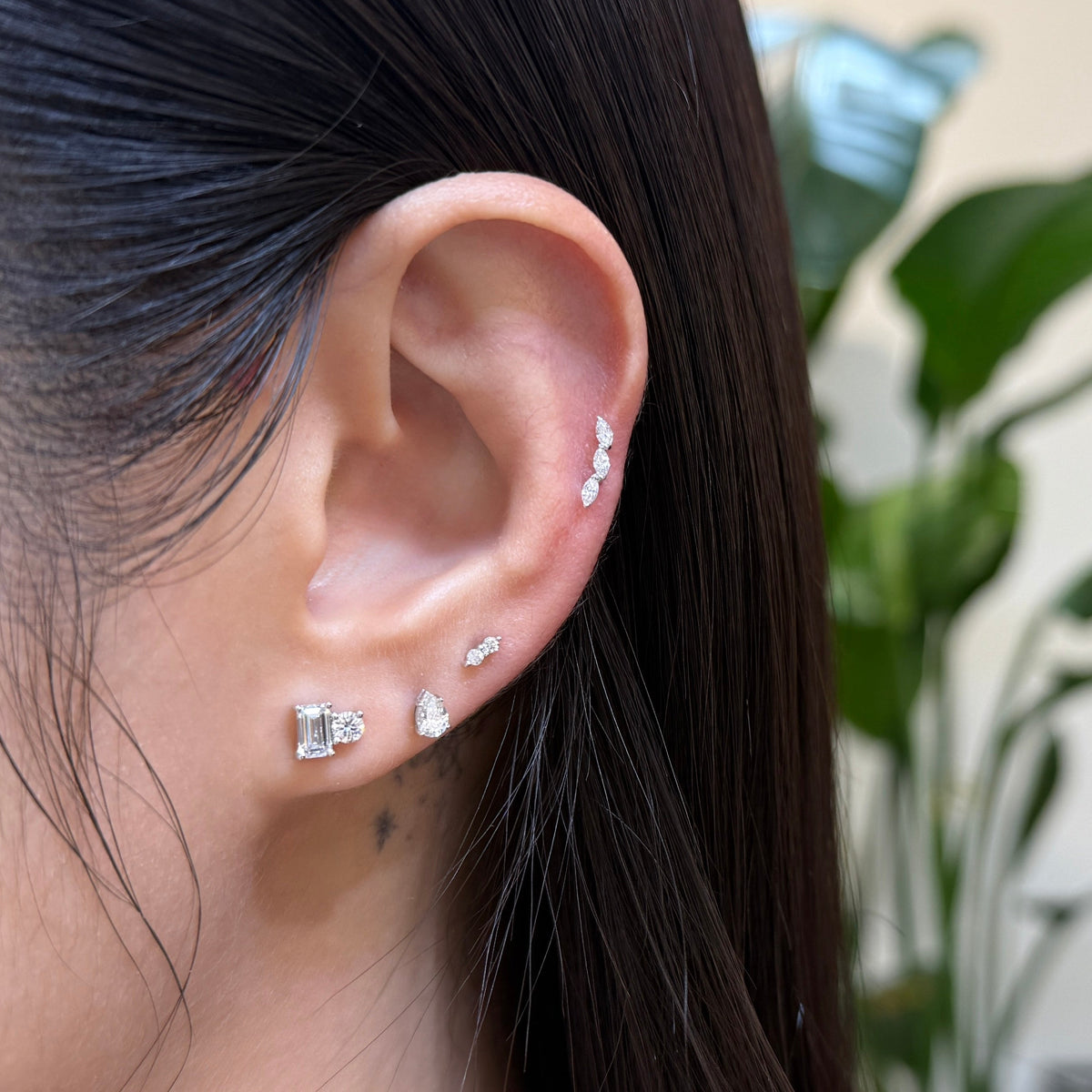 Lab diamond Emerald cut and round 0.8ct toi et moi stud earrings-pair