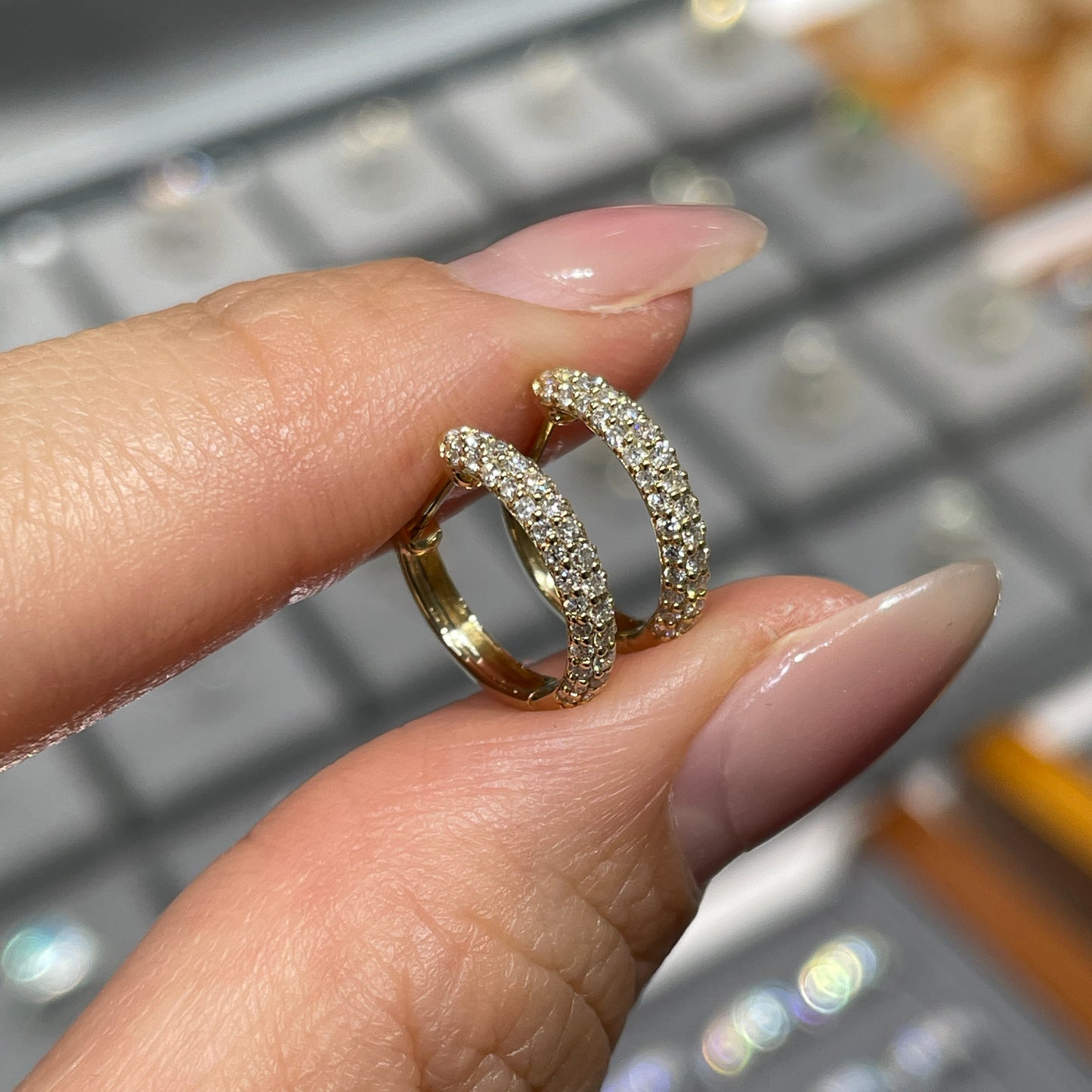 9k Lab diamond round 0.35ct three row 10mm hoop earrings-pair
