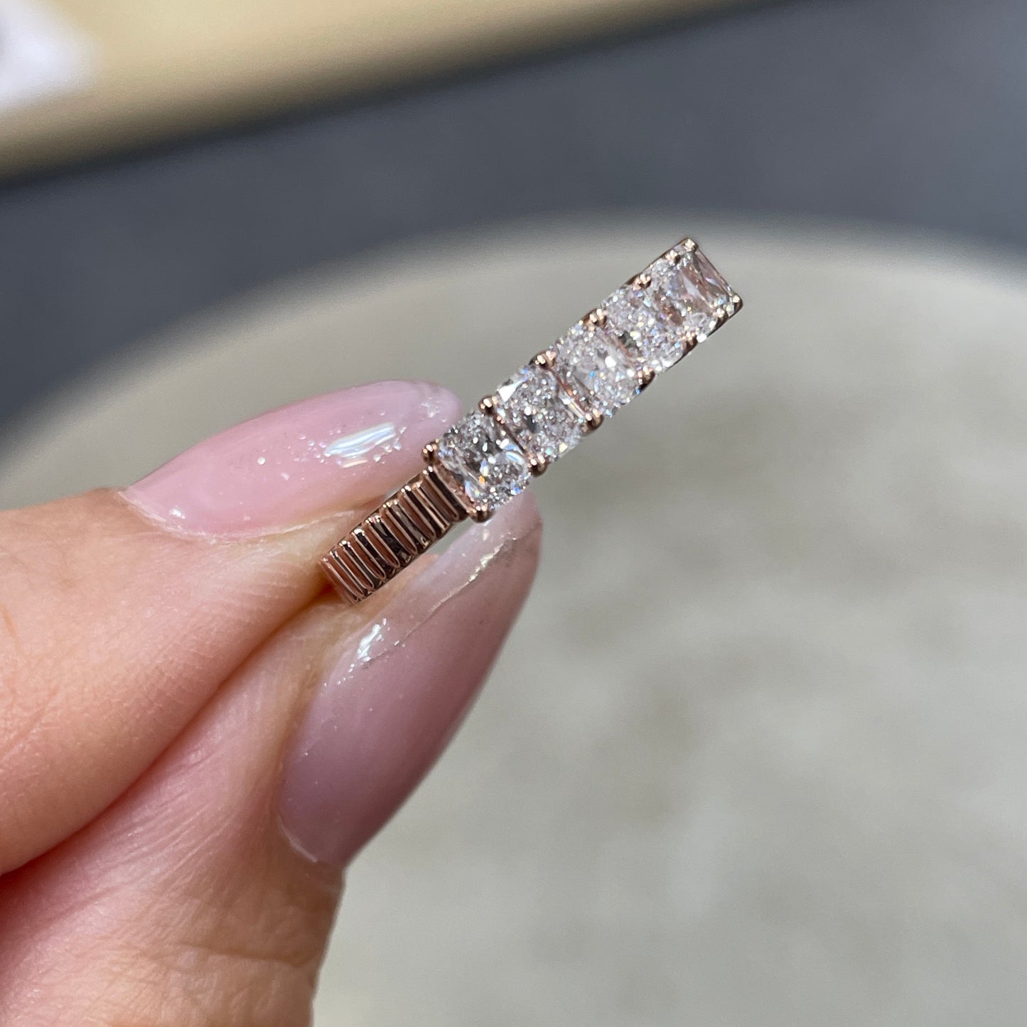 9k Lab diamond Radiant cut 1.4ct half eternity straight vertical line band ring
