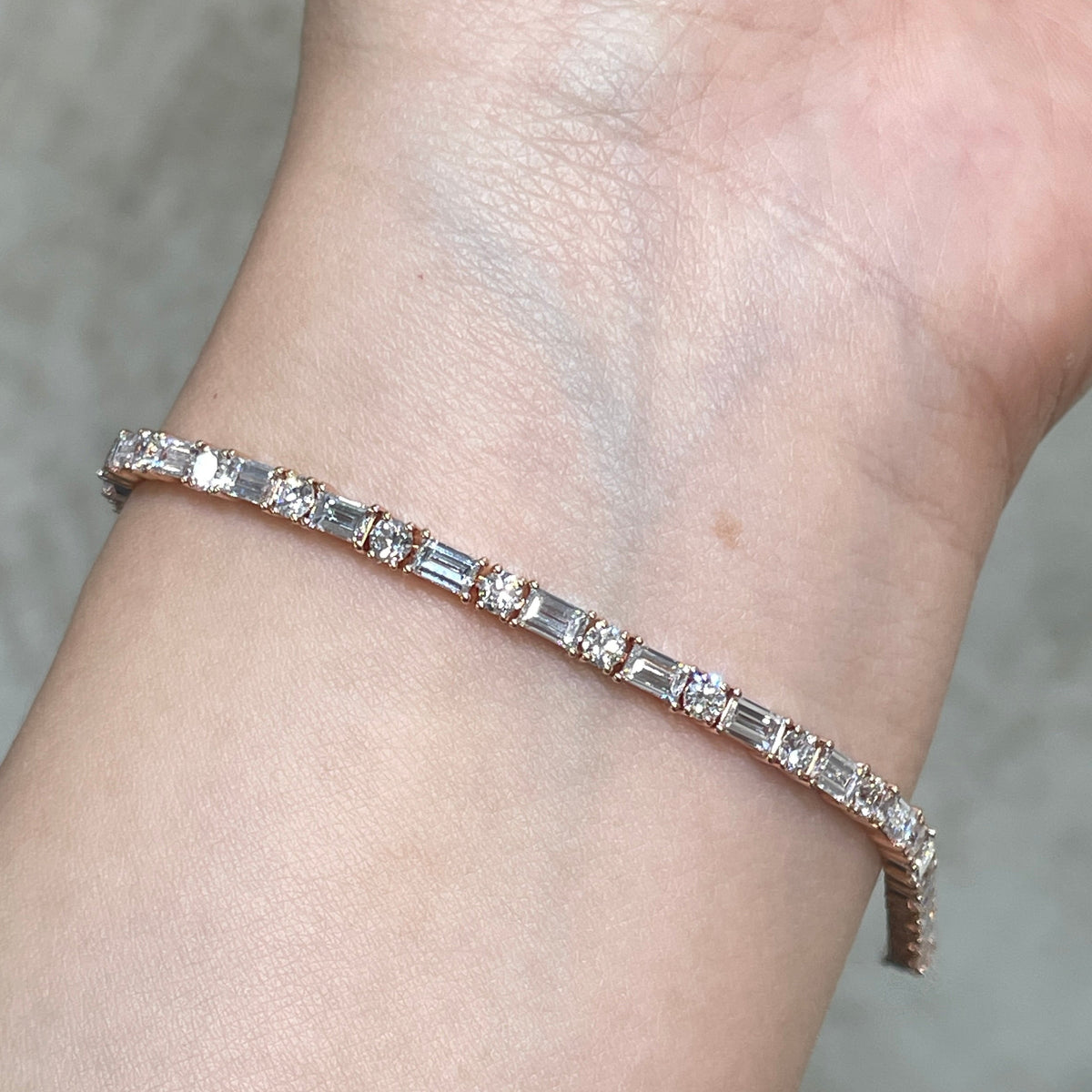 14k Lab Diamond baguette cut and round mix 5.7ct four-prong tennis bracelet
