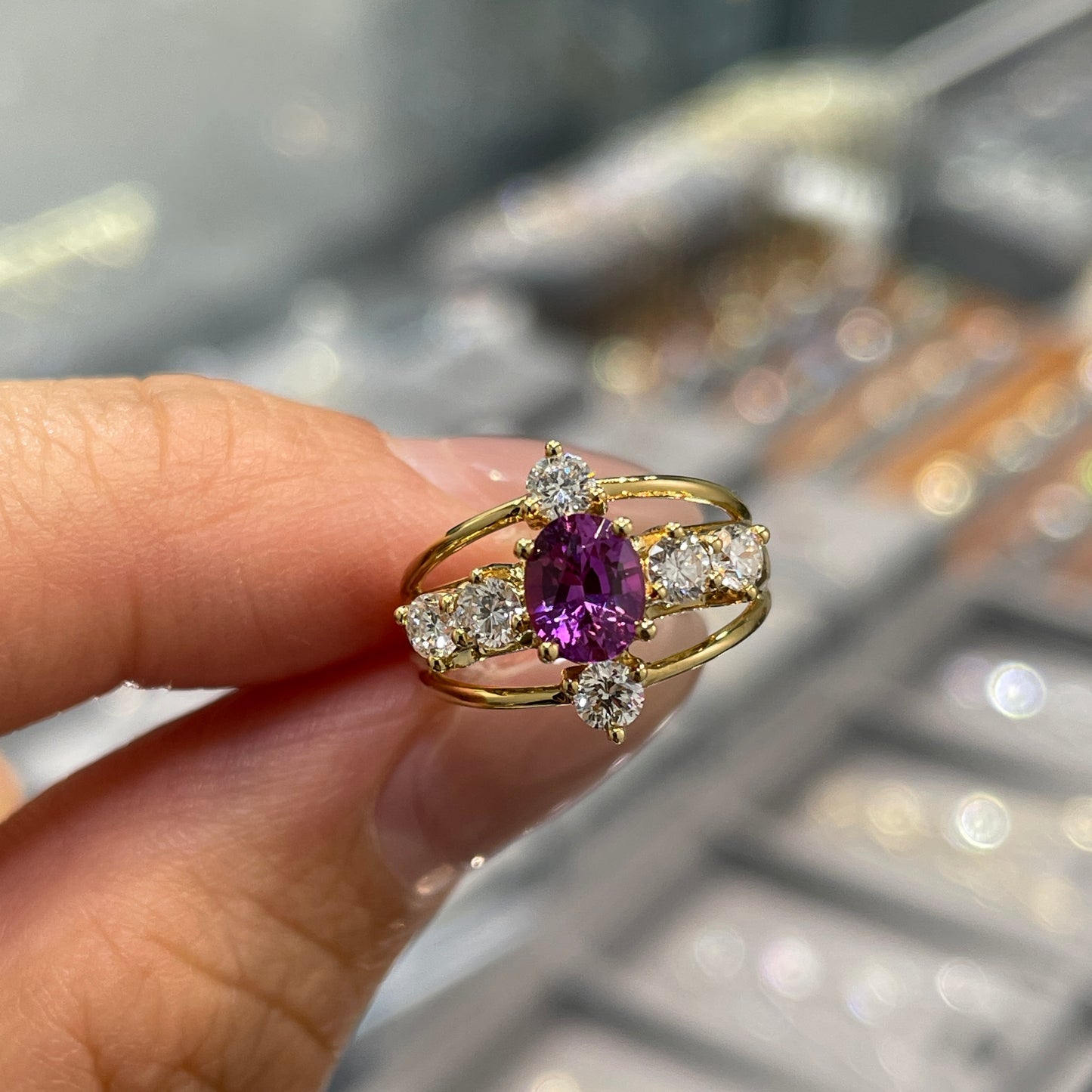 Lab purple sapphire oval 0.6ct with diamond round 0.45ct cross three row diamond pinky ring