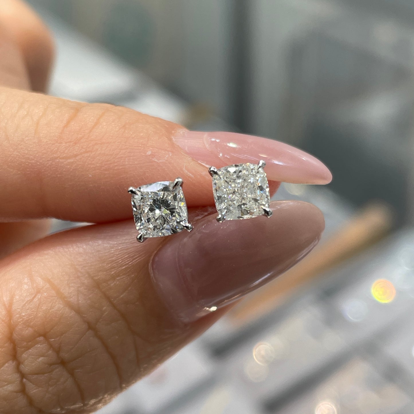 Lab diamond Cushion cut 1.4ct four-prong stud earrings-pair