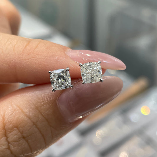 Lab diamond Cushion cut 1.4ct four-prong stud earrings-pair