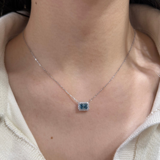 IGI lab blue diamond Radiant cut 0.8ct halo necklace